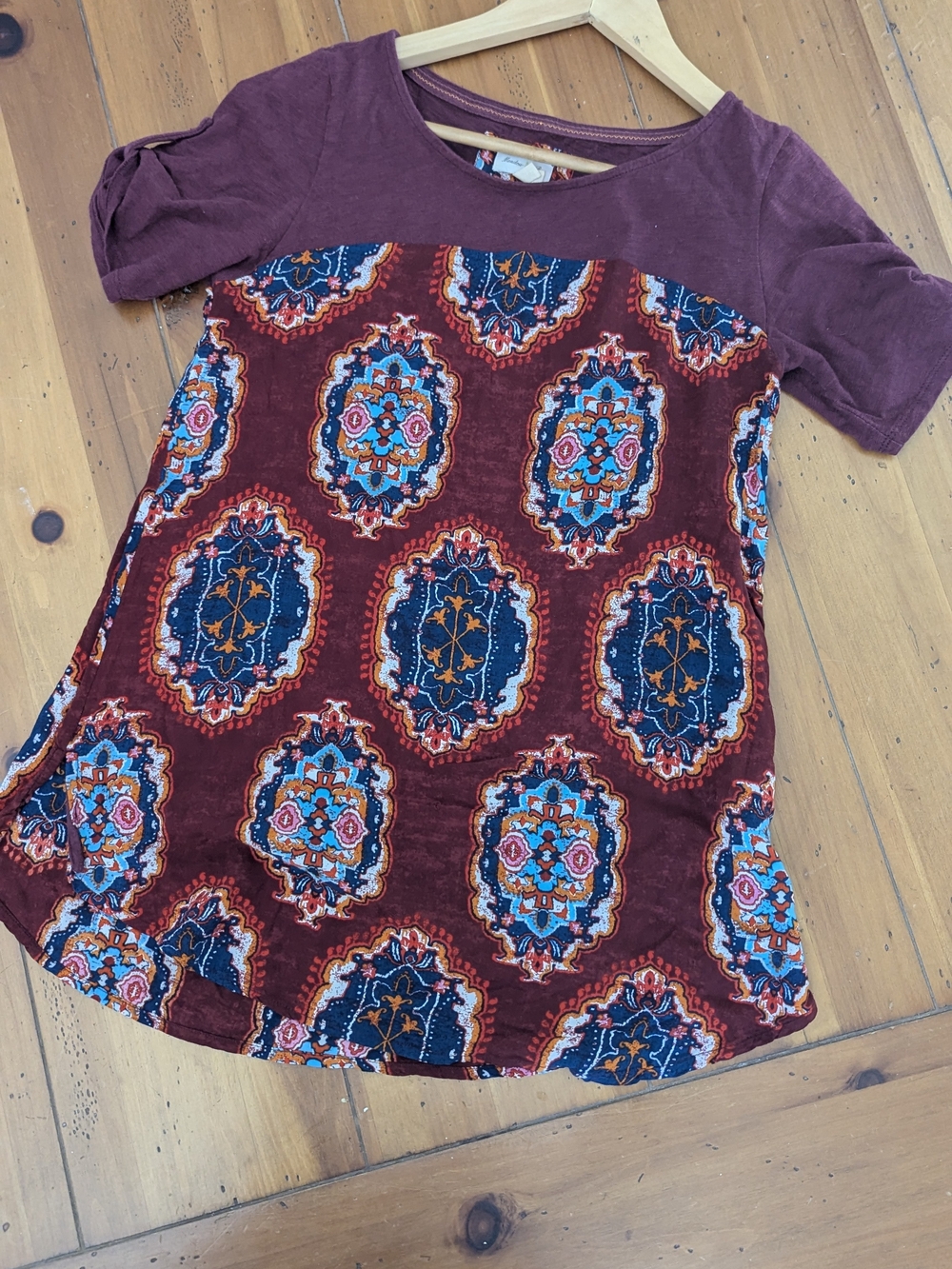 Anthropologie Womens Burgundy Patterned Short Sleeve Top Meadow Rue